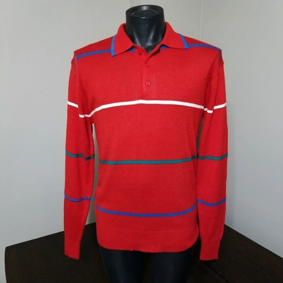 Vintage Emphasis Sweater Knit Polo Shirt Mens Large Red Striped Long Sleeve - Picture 3 of 10